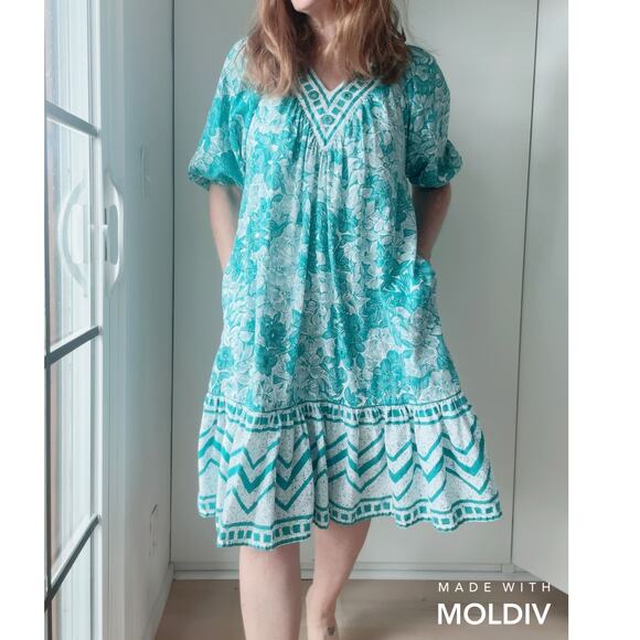 Vintage 80s Ramono Rull Classic Indi Print Summer Dress Size Small Turquoise Wht - Picture 12 of 12